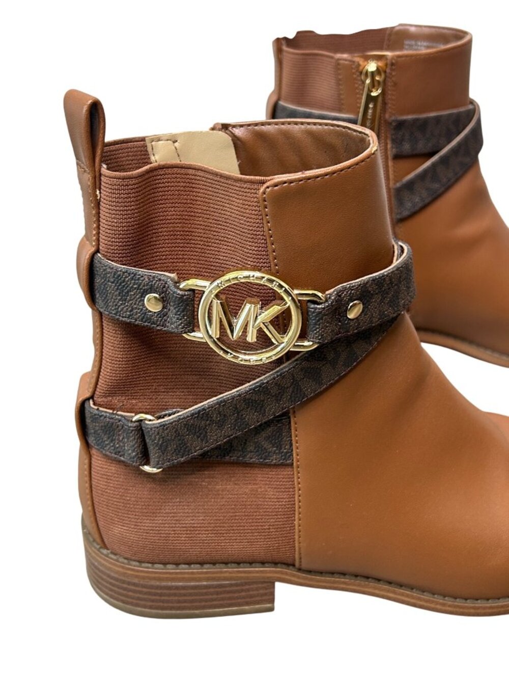 Michael Kors Brown Ankle Boots With Gold Logo Buckle Side Zipper & Faux Leather - Picture 7 of 16